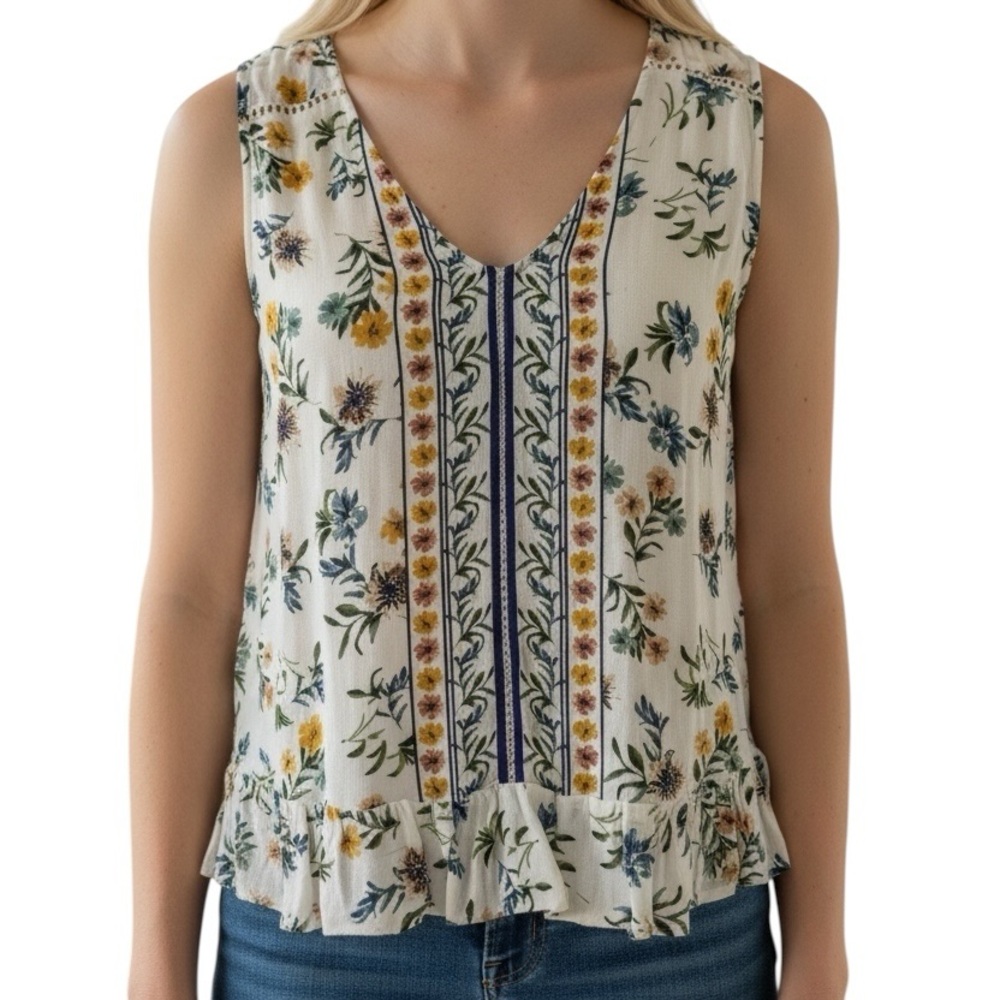 Lucky Brand Women’s Tank Top Floral V-Neck Cream Blue Sleeveless Size Small - Picture 16 of 16